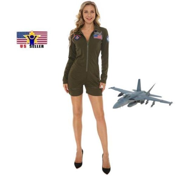 Top Gun Costume Women Maverick Flight Jump Suit Girls Union Green Pilot … - Picture 8 of 9